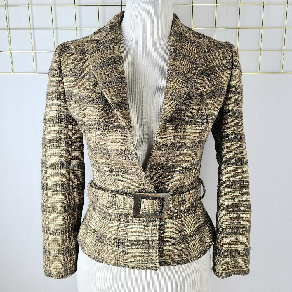 Manigance Paris Wool Blend Tweed Belted Blazer